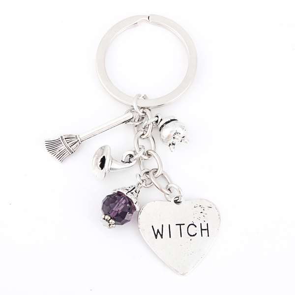 1Pc Halloween Sorcerer Witch Keychain Broom Purple Bead Pendant Keyholder Fit Car Handbag Jewelry Supplies