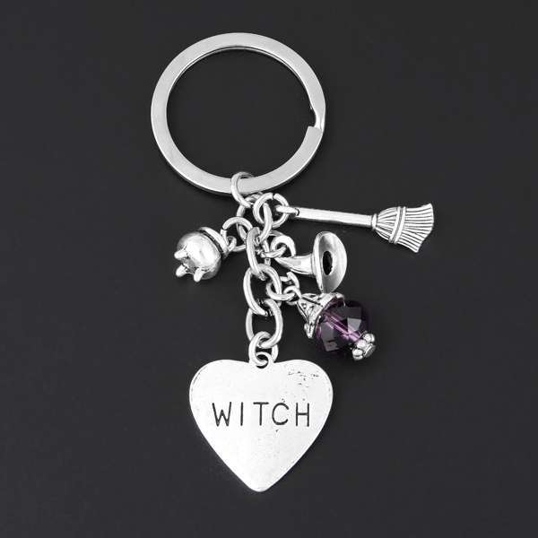 1Pc Halloween Sorcerer Witch Keychain Broom Purple Bead Pendant Keyholder Fit Car Handbag Jewelry Supplies