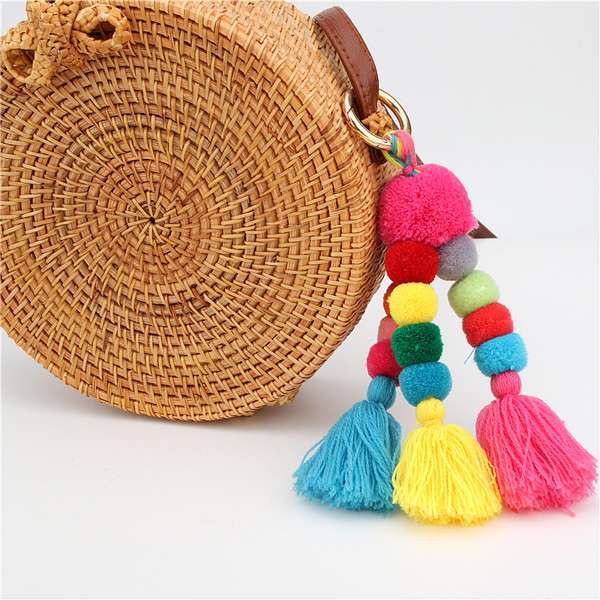 1pc Bohemian Accessories Handmade Keychain Beads Chain Pompom Hand Bag Hanging Key Chains For New Year Gift