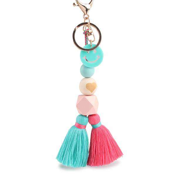 Colorful Wood Beads Tassel Keychain Smile Face Flower Key Ring For Women Handmade Friendship Summer Jewerly Gifts