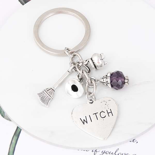 1Pc Halloween Sorcerer Witch Keychain Broom Purple Bead Pendant Keyholder Fit Car Handbag Jewelry Supplies